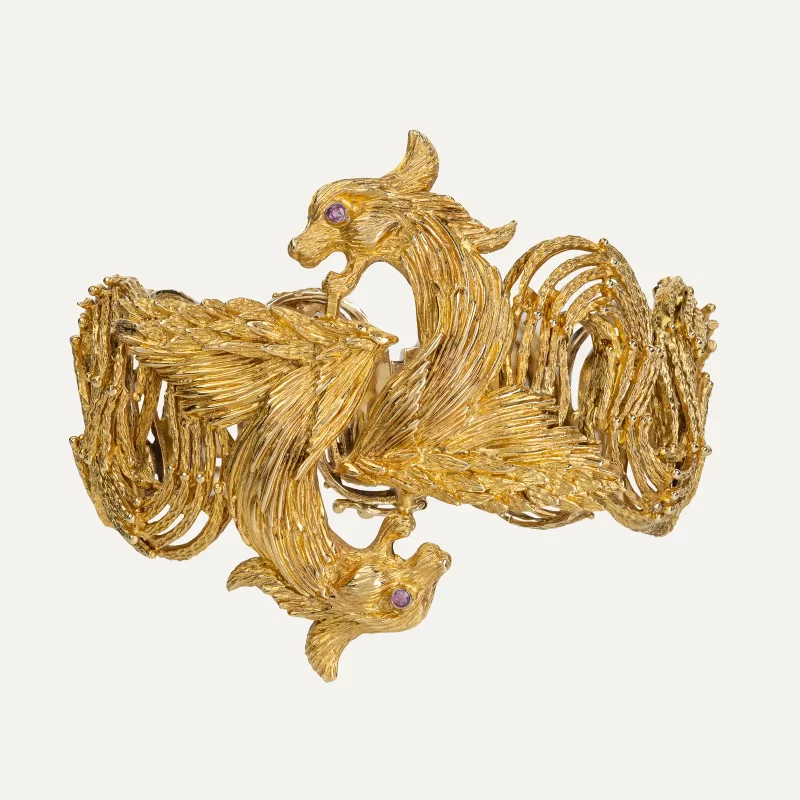 Lalaounis bracelet in yellow gold with rubies and dragon motif, Greece c.1970